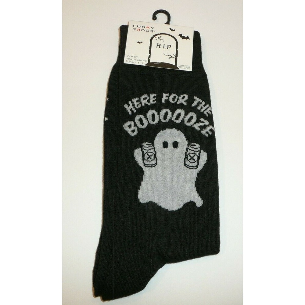 Halloween Crew Socks Ghost Here for the Booze Boo Boos Boo's Funky Black Casual